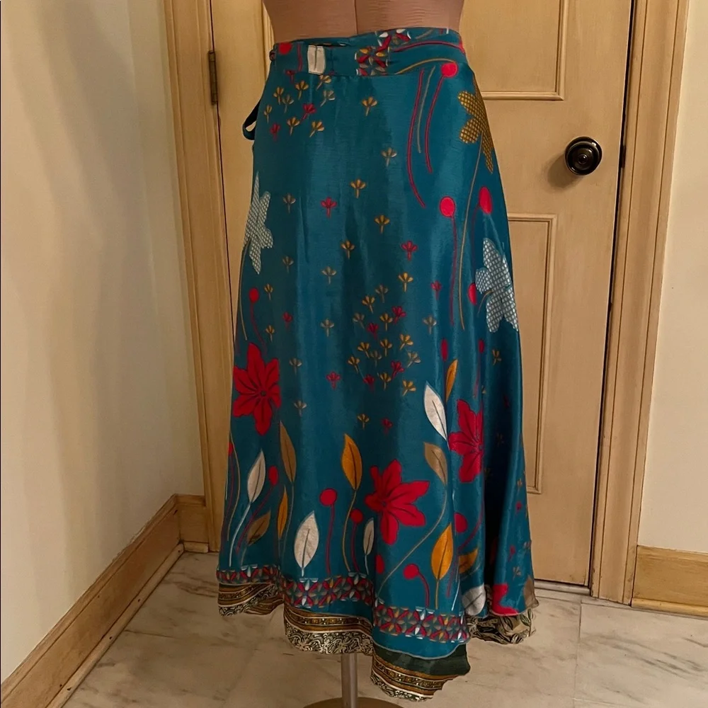 DARN GOOD YARN NWT Boho Granola 100% Silk Teal Sari Wrap Midi Skirt O/S (4-12)
